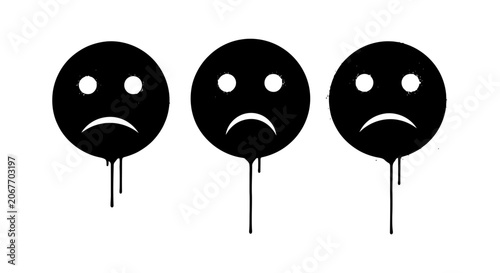 Fotografía Three black dripping sad face emoji graffiti icons on white background