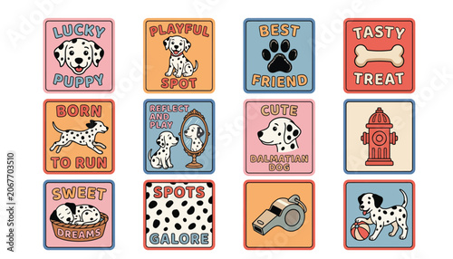 Photography Collection of colorful vintage style patches featuring dalmatian dogs and playfu