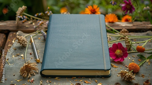  Blank Notebook and Writing Tools Arranged with Dried Flowers on a Neutral Background – Minimal Workspace Flat Lay for Journaling and Creative Planning