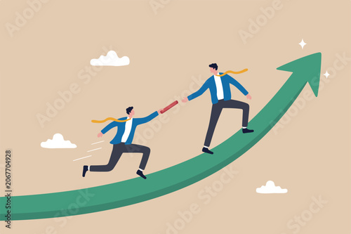Partnership or teamwork for business success, growth or team achievement, cooperation or team collaborate, togetherness concept, trusted businessman relay baton pass to coworker on growing arrow