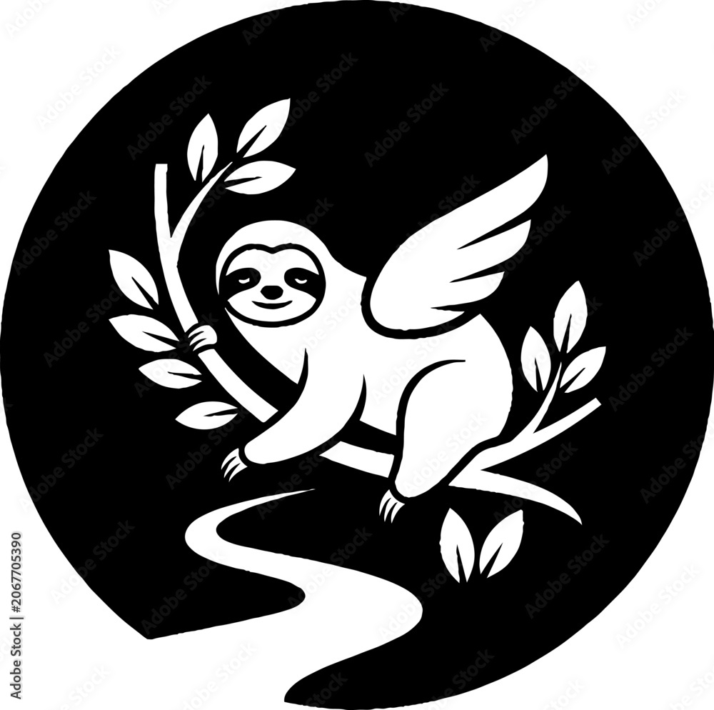 Obraz premium Sloth with wings holding tree branch illustration.