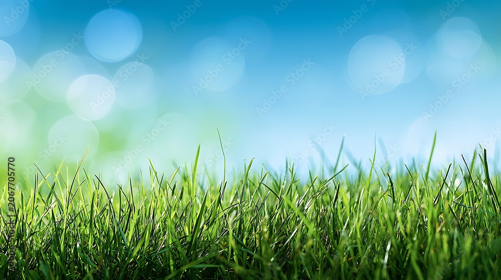 Fototapeta premium Beautiful Green Grass and Blue Sky Nature Background with Peaceful Outdoor Scenery.