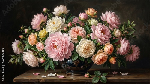 Beautiful bouquet of colorful peonies and roses in a dark ceramic vase