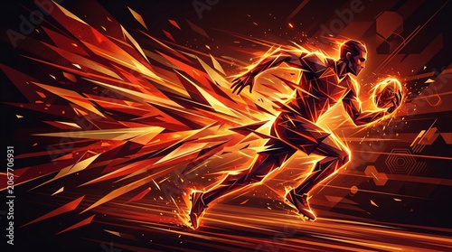 A geometric low-poly illustration of a rugby player running with a ball through fiery speed lines. Perfect for sports, energy, or athletic design projects.