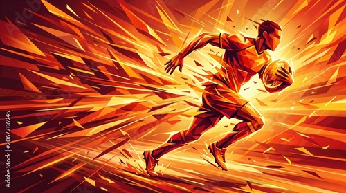 A geometric low-poly illustration of a rugby player running with a ball through fiery speed lines. Perfect for sports, energy, or athletic design projects.