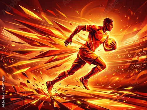 A geometric low-poly illustration of a rugby player running with a ball through fiery speed lines. Perfect for sports, energy, or athletic design projects.