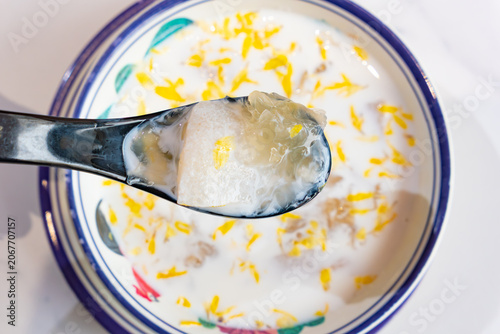 top view Chrysanthemum Milk Stew with Tremella and Pear at horizontal composition