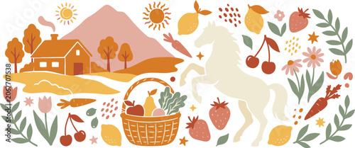 Fotografía Charming countryside illustration with house horse fruit basket and floral eleme