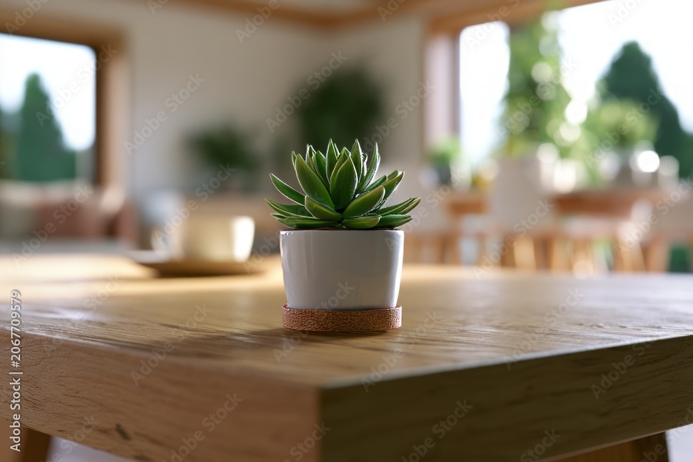 Fototapeta premium Small Green Succulent Plant on Wooden Tabletop in Bright Indoor Setting with Natural Light