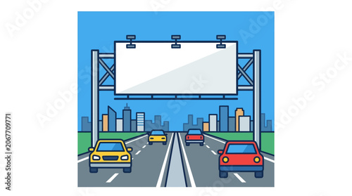 Blank highway billboard frame over urban road with traffic.
