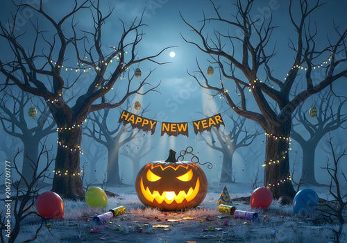 A spooky Halloween night scene with a carved pumpkin surrounded by balloons and decorations under a full moon in a dark forest.