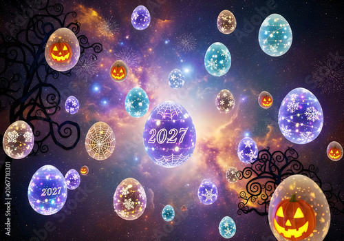 Glowing orbs celebrate 2027 amidst Halloween decorations in a mystical night scene