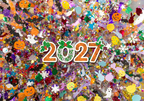 A vibrant celebration scene with confetti and decorations displays the year 2027.