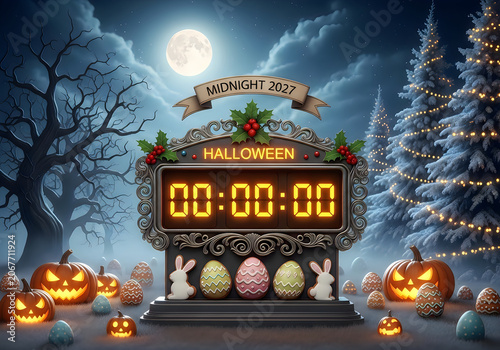 Easter eggs and pumpkins countdown to midnight on Halloween night in a spooky forest