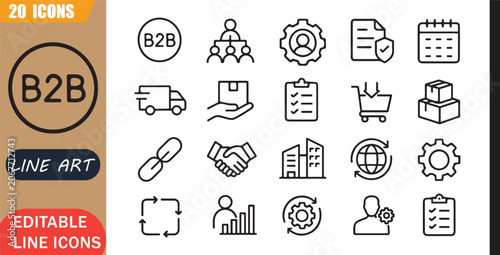 Isolated B2B Supply Chain Icons Set, 20 Editable Line Art Icons Set, Procurement Logistics Operations, Enterprise Partnership Management, Business Process Solutions, Minimal Outline Vector