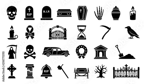 Bilde på lerret Death icon vector set with skull grave tombstone funeral and memorial symbols