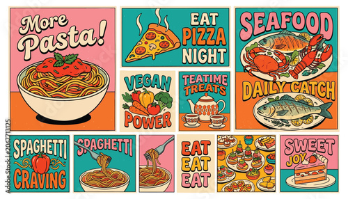 Retro style food and drink signs with pasta pizza seafood and vegan power illustrations