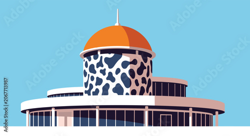 Cuadro en lienzo Modern circular building features a unique cow-patterned tower with a large orange dome on top against a blue sky