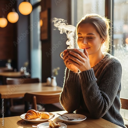 Woman enjoys steaming coffee and pastry at a sunlit cafe table