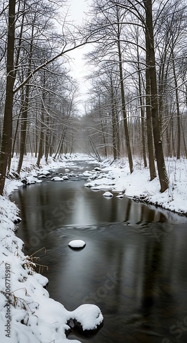 Winter stream flows through snowy woods, bare trees line banks, overcast sky