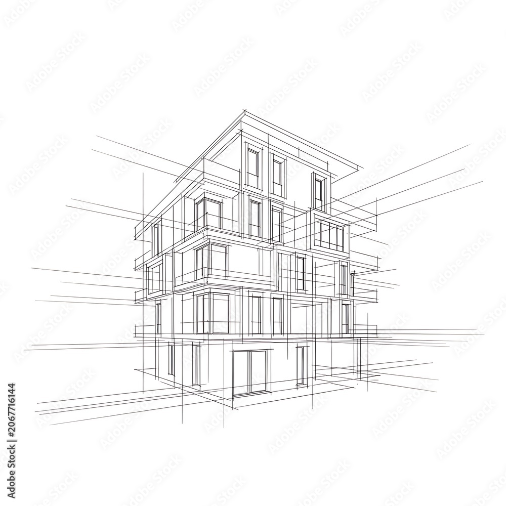 Fototapeta premium Wireframe architectural drawing of a modern multi-story building with balconies and windows