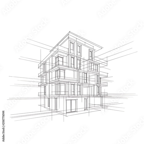 Wireframe architectural drawing of a modern multi-story building with balconies and windows