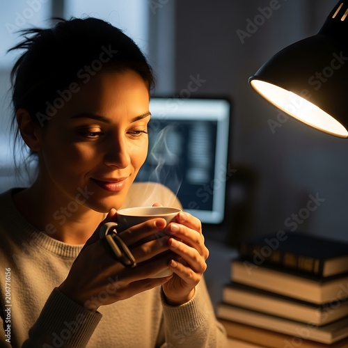 Woman enjoys warm drink under desk lamp, illuminated by soft light