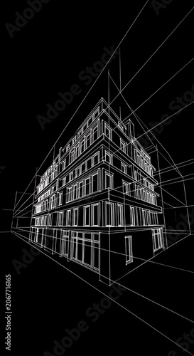 Wireframe architectural drawing of a multi-story building against a black background