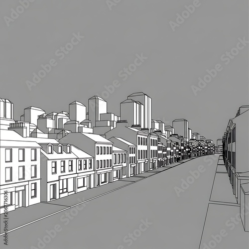 Wireframe city street with historic buildings transitioning to modern high-rises