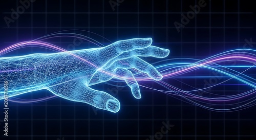 Wireframe hand interacting with glowing digital energy waves on dark grid