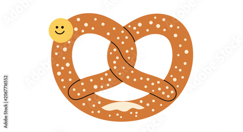 Playful illustration of a golden brown salted pretzel with a small yellow smiley face sticker on a clean white background.