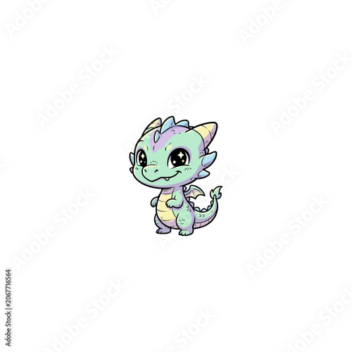 Fotografie Cute Chibi Dragon Mascot Character With Mint Green Scales Purple Shading Big Spa