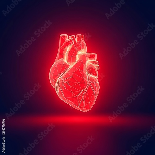 Wireframe human heart pulsing with neon red light on dark backdrop