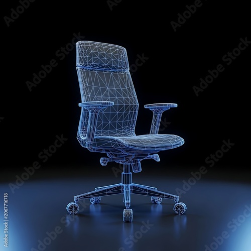 Wireframe office chair rendered in blue glowing lines against a dark background