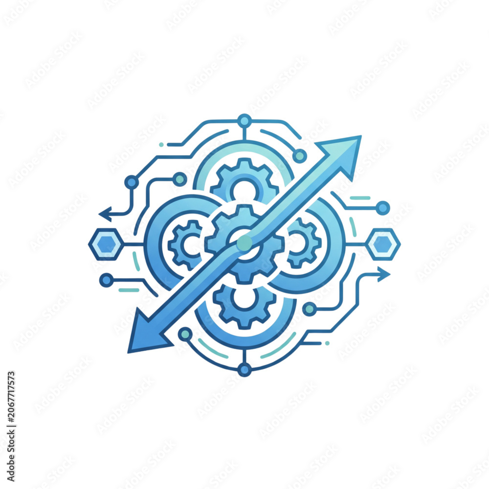 Obraz premium Complex Dynamic Automation Icon with Intersecting Gears and Directional Arrows for Multi-Stage Industrial Workflow Concept