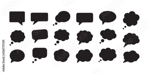 Solid black speech and thought bubble icons set arranged in grid on transparent dark background.