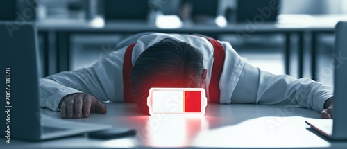 Exhausted office worker with low battery energy concept, represents exhaustion, reduced productivity, and the need for rest and recharge.
