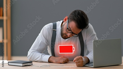 Exhausted office worker with low battery energy concept, represents exhaustion, reduced productivity, and the need for rest and recharge.
