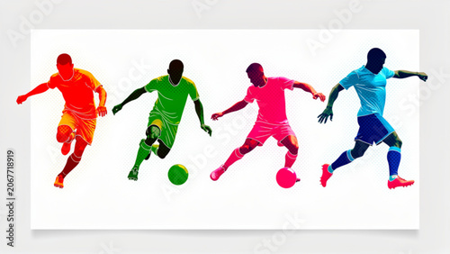 Group of Four Soccer Players in Action on Field.