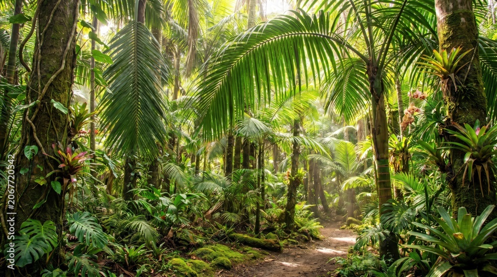 Fototapeta premium Sunlight filtering through the dense canopy of a tropical jungle with rich green vegetation