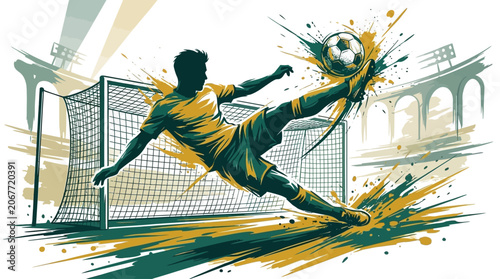Dynamic soccer player in action, executing a powerful kick towards the goal, captured in a vibrant, energetic illustration