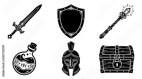 Quadro su tela Fantasy game items silhouette vector set, sword, shield, magic wand, potion bott