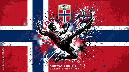 Dynamic Norwegian Football Player Performing a Spectacular Bicycle Kick Against a Grunge Style National Flag Background Composition