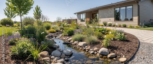 Beautiful landscaped garden with water feature, vibrant flowers, natural stones, and modern home in the background under clear blue sky