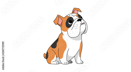 Cute cartoon bulldog puppy with brown and black patches looking upwards with large expressive eyes on a white background.