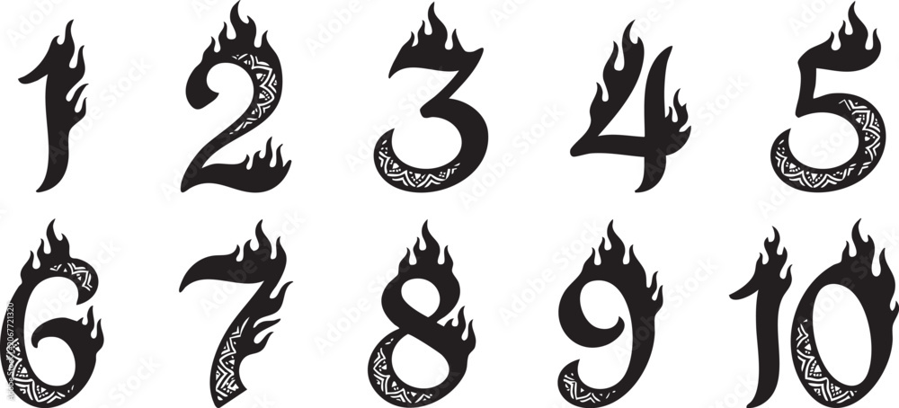 Fototapeta premium A collection of stylized numbers from one to ten, each adorned with flames and decorative patterns.