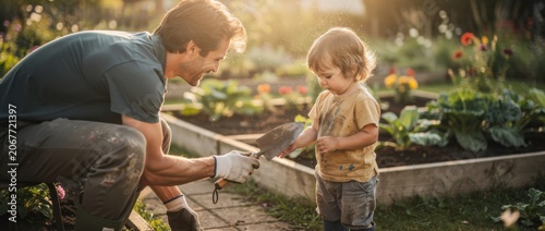 Heartwarming Father and Child Bond in Garden, Exploring Nature, Cultivating Plants, Enjoying Sunshine, and Learning Together in the Backyard