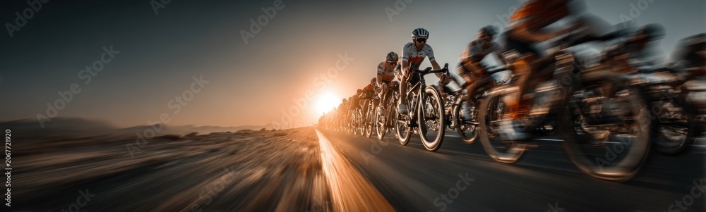 Naklejka premium Many people riding bikes on a road at sunset sport background