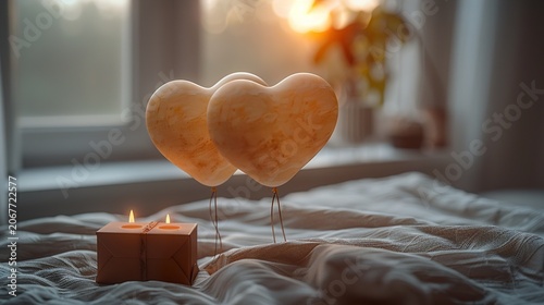 Beige Balloons and Gift Box on a Neutral Background  