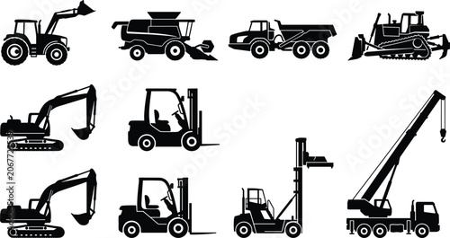 Tableau sur toile Set of solid black industrial heavy machinery silhouettes including construction